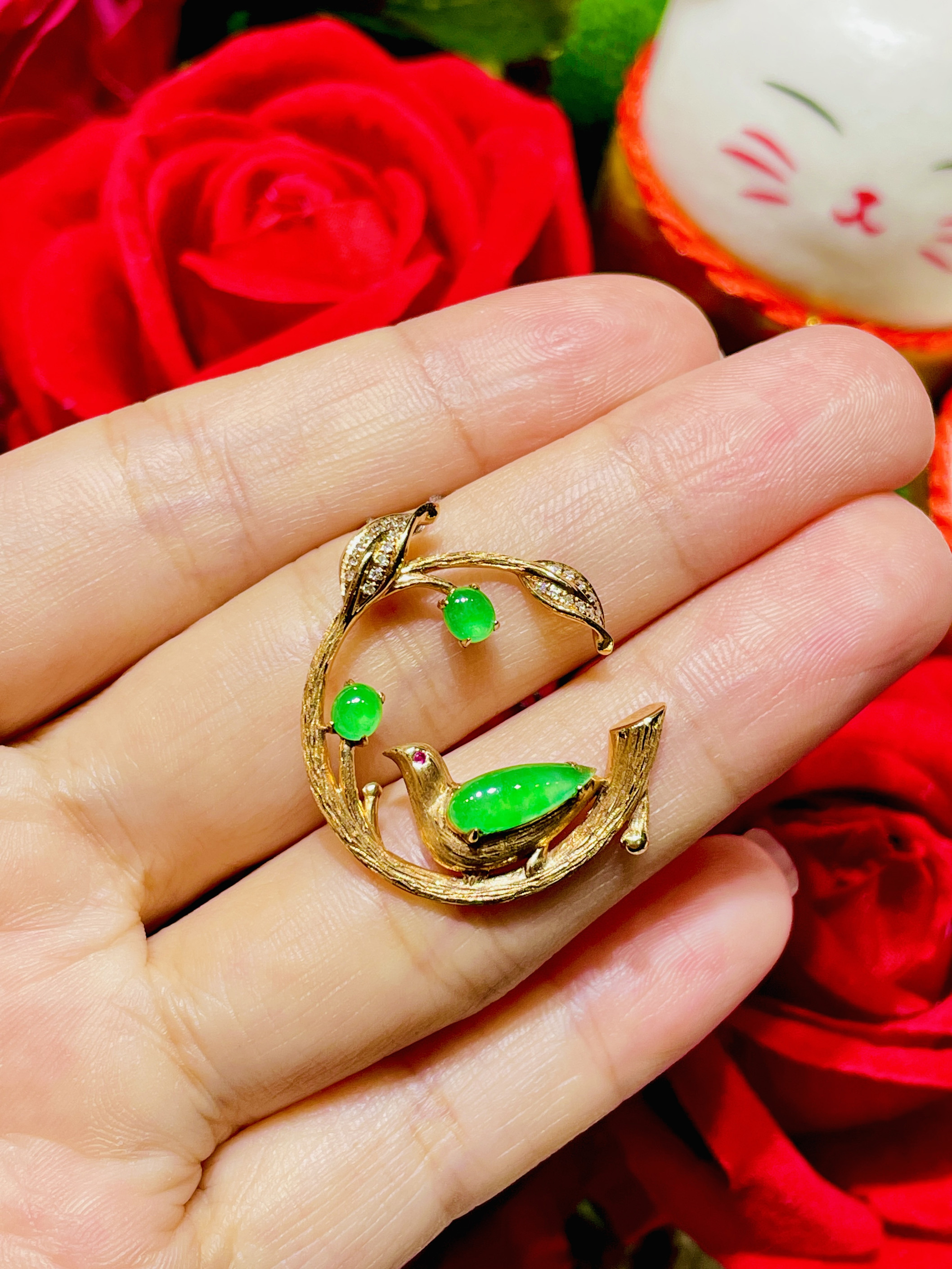 缅甸翡翠A货正品 满色阳绿吊坠 镶嵌18 K金搭配钻石时尚百搭好看