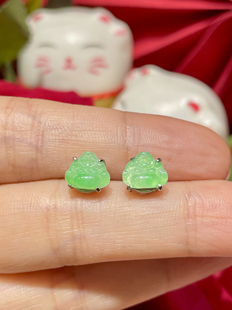 缅甸翡翠A货正品 冰种水润满绿坐佛耳钉S925银镶嵌时尚百搭大方款