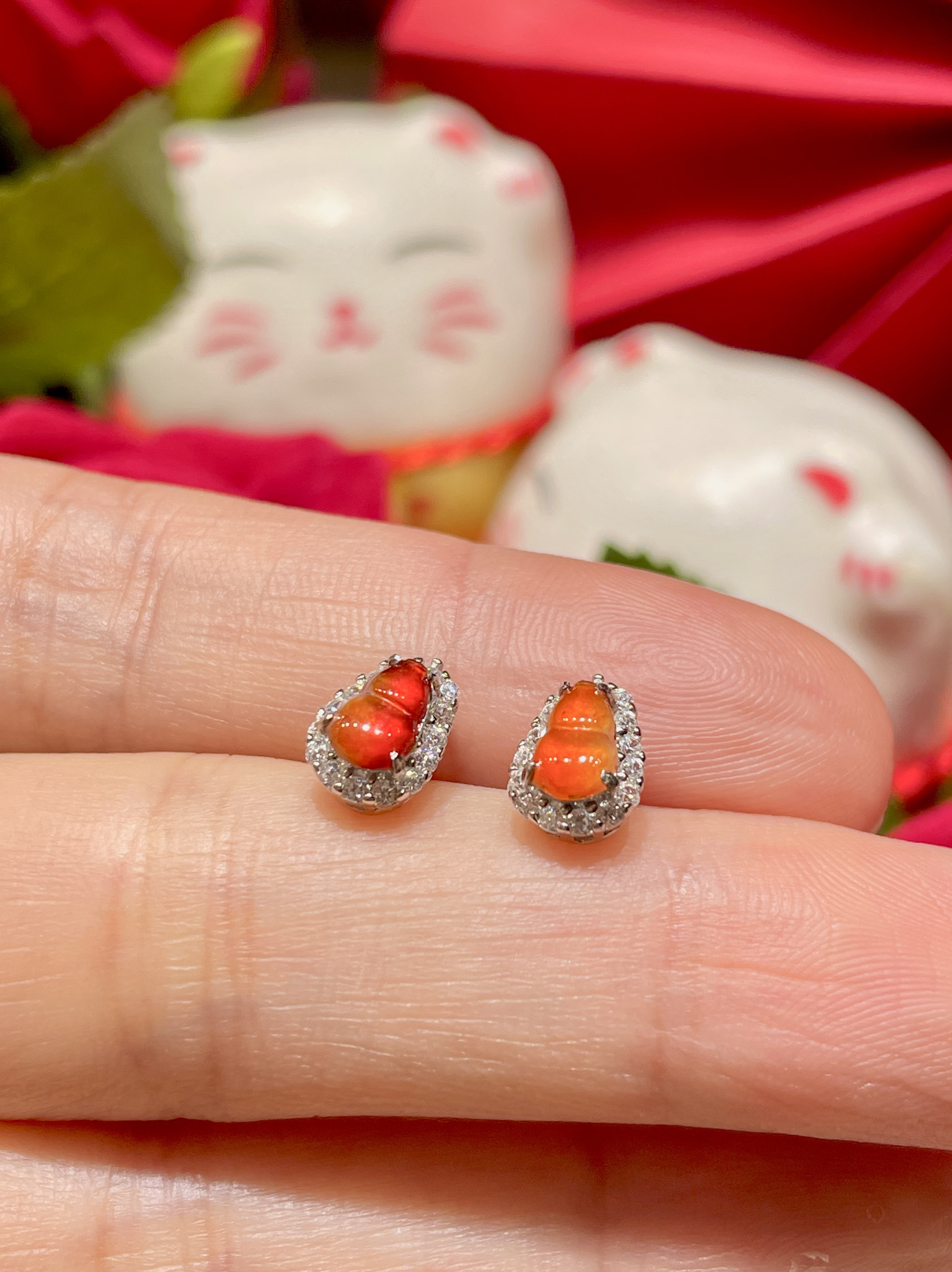 缅甸纯天然翡翠正品 冰种水润红翡葫芦耳钉S925银镶嵌时尚百搭款