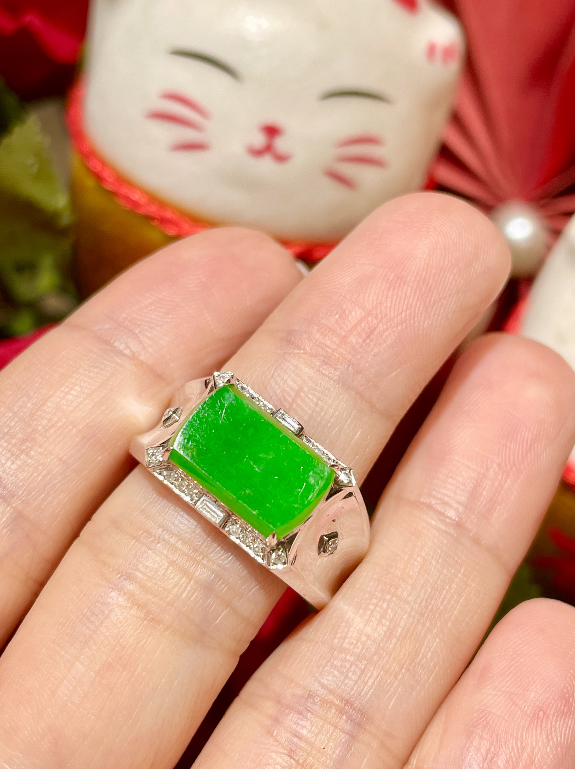 缅甸翡翠A货正品满绿阳绿马鞍男士戒指镶嵌18K金搭配钻石时尚百搭