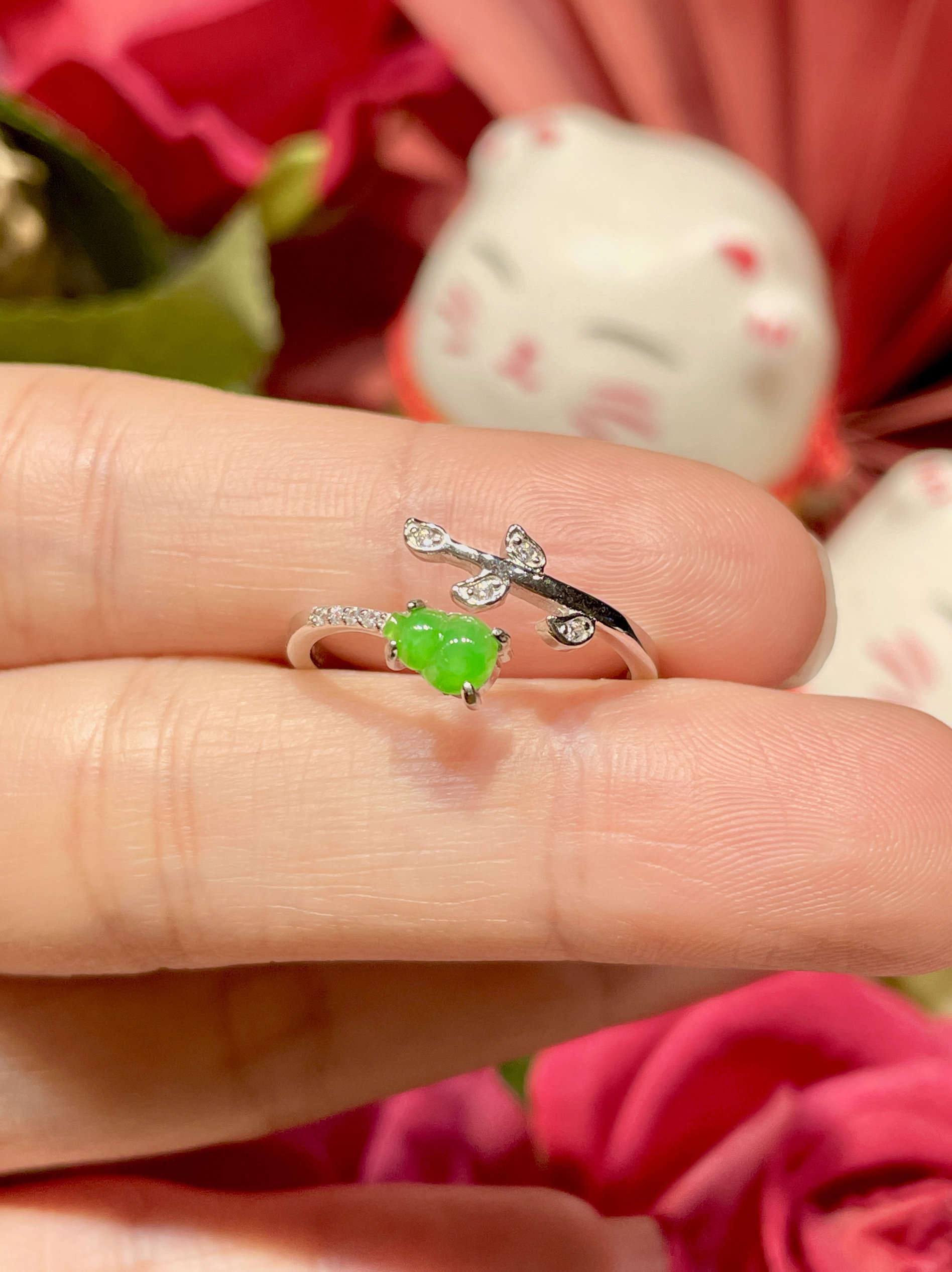 缅甸天然翡翠A货正品 冰种满绿葫芦戒指S925银镶嵌时尚百搭款精致