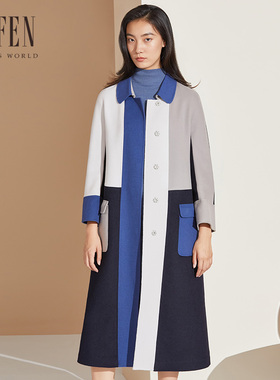 FUFEN福芬春秋季新款毛呢外套女长款拼色简约羊毛大衣DY-12373