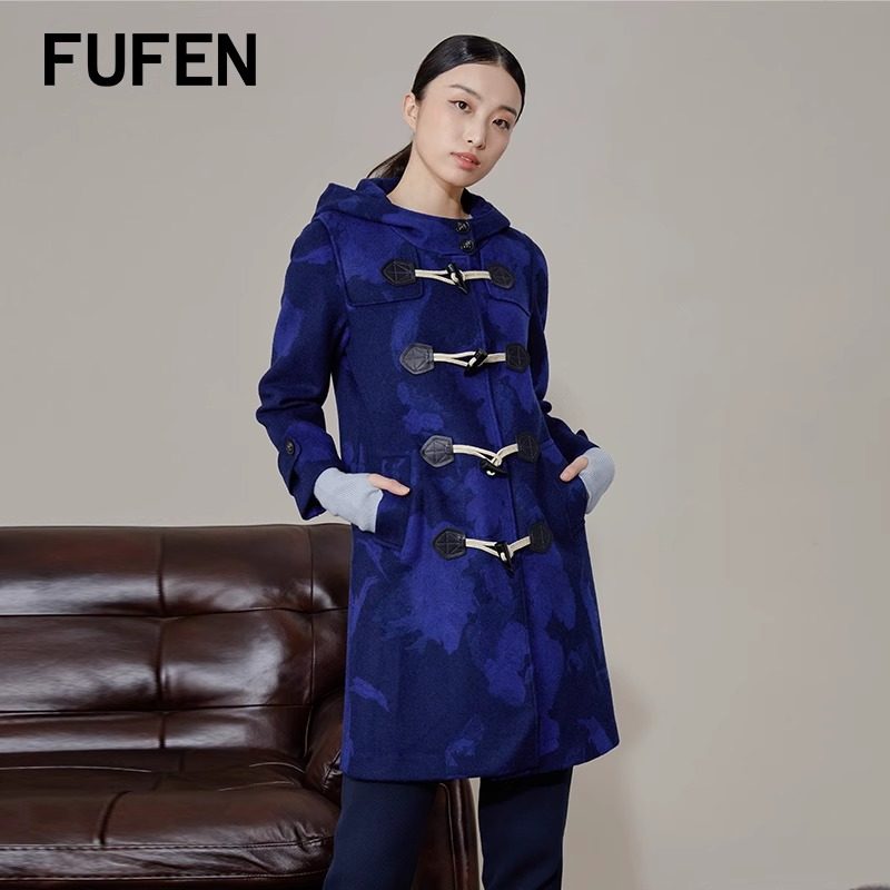 福芬中长款蓝大衣毛呢外套FUFEN