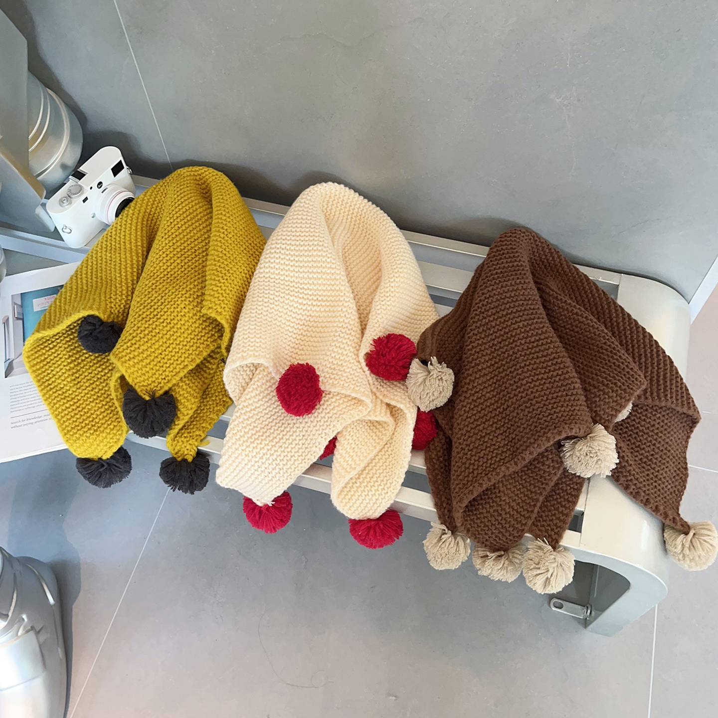 日韩原单甜美球球儿童披肩加厚保暖围巾ins风时尚围脖钩针方巾女