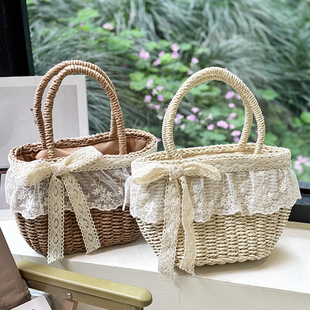 日单度假风公主蕾丝沙滩包手工编织包草编包手提包出游简约手拎包