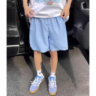 2025美式蓝色竖条纹休闲短裤男款夏季潮牌速干裤子休闲五分直筒沙