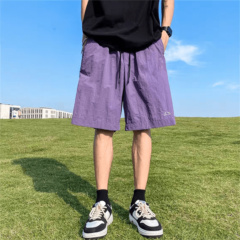 新款浅灰冰丝五分中裤男士薄款抗皱面料简约山峰刺绣日常潮流短裤