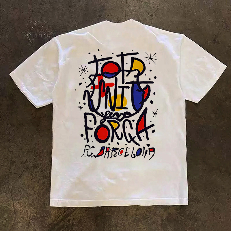 巴萨西甲夺冠短袖T恤男足球运动纯棉重磅小领口300克半袖涂鸦字母