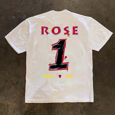 玫瑰罗斯1号球衣手绘涂鸦印花短袖T恤篮球运动服重磅纯棉280半袖