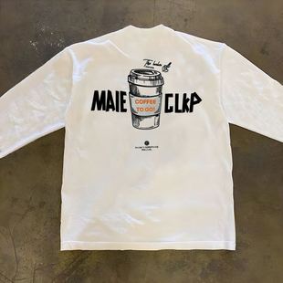 美式休闲咖啡字母印花长袖T恤男户外潮牌潮流重磅300克打底衫秋衣