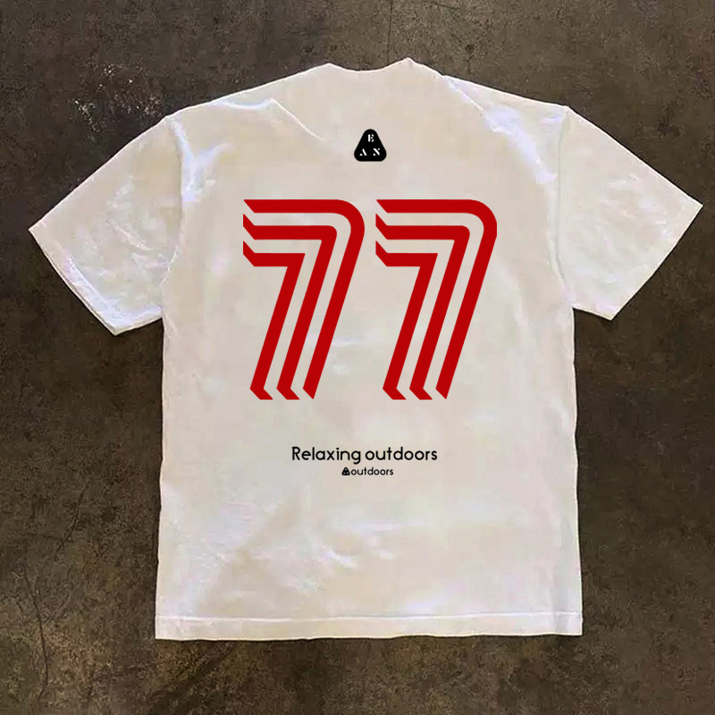重磅小领口美式复古数字77短袖T恤男潮牌户外运动训练半袖打底衫