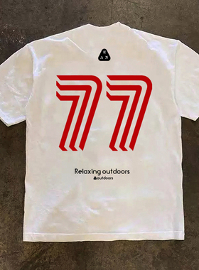 重磅小领口美式复古数字77短袖T恤男潮牌户外运动训练半袖打底衫