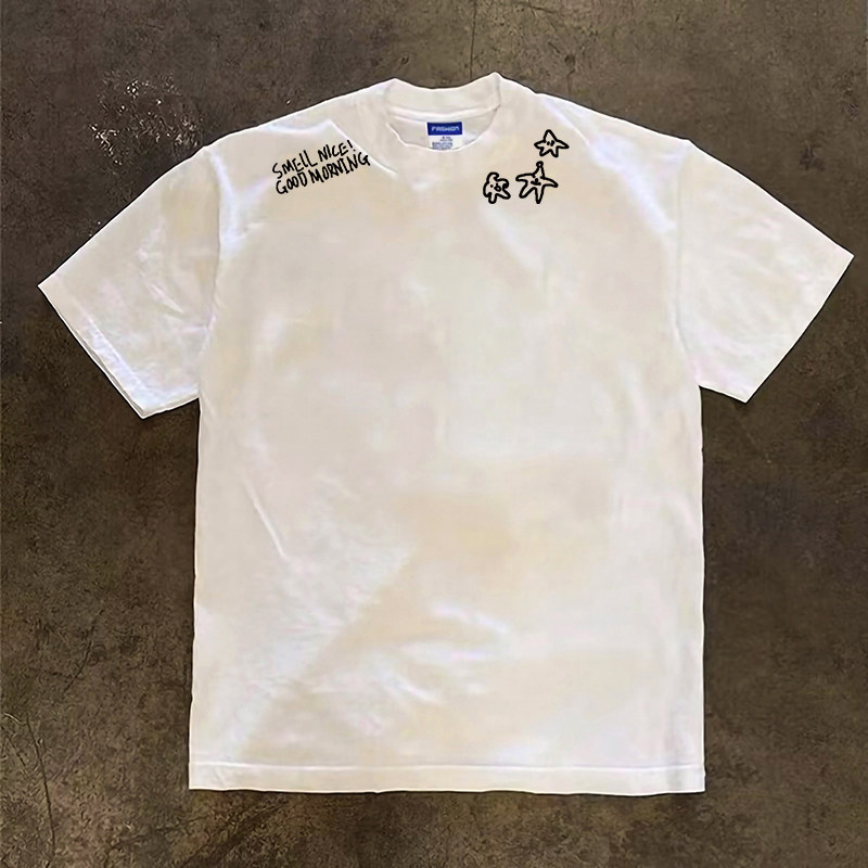 美式休闲简约涂鸦字母印花纯棉短袖T恤潮牌重磅小领口300克半袖男