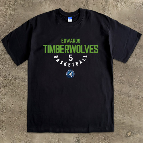森林狼爱德华兹5号篮球短袖T恤潮牌重磅小领口纯棉训练长袖打底衫