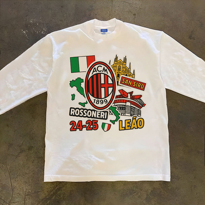 AC米兰涂鸦印花短袖T恤足球球衣球服训练重磅纯棉300克长袖打底衫