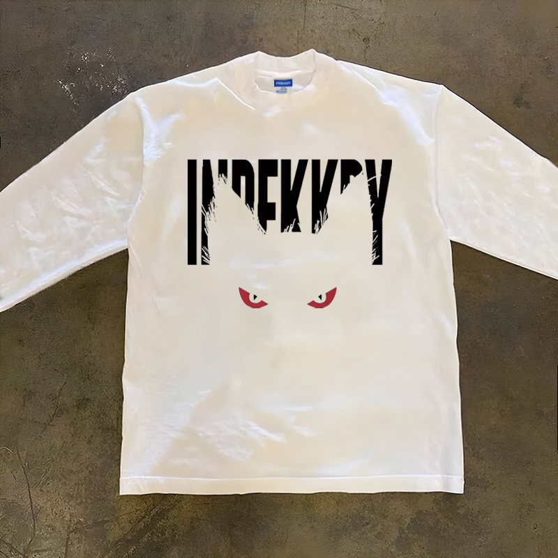 美式休闲潮牌趣味字母猫咪印花纯棉长袖T恤男潮牌重磅300克打底衫
