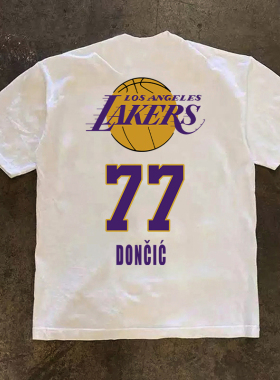 美式休闲运动篮球球衣湖人队东契奇77号短袖T恤纯棉宽松重磅上衣