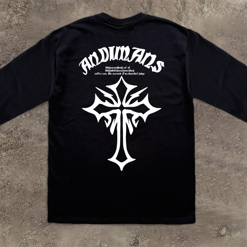 美式潮牌复古字母十字架印花长袖T恤重磅纯棉小领口300克打底衫男