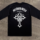 T恤重磅纯棉小领口300克打底衫 美式 潮牌复古字母十字架印花长袖 男