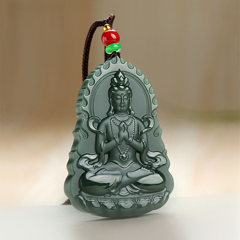 和田玉观音吊坠男款青玉合手观音