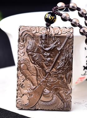 天然黑曜石御龙关公吊坠