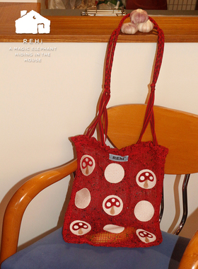 REhi 蘑菇兜兜风托特包 原创趣味蘑菇水溶绣编织网袋红色休闲女包