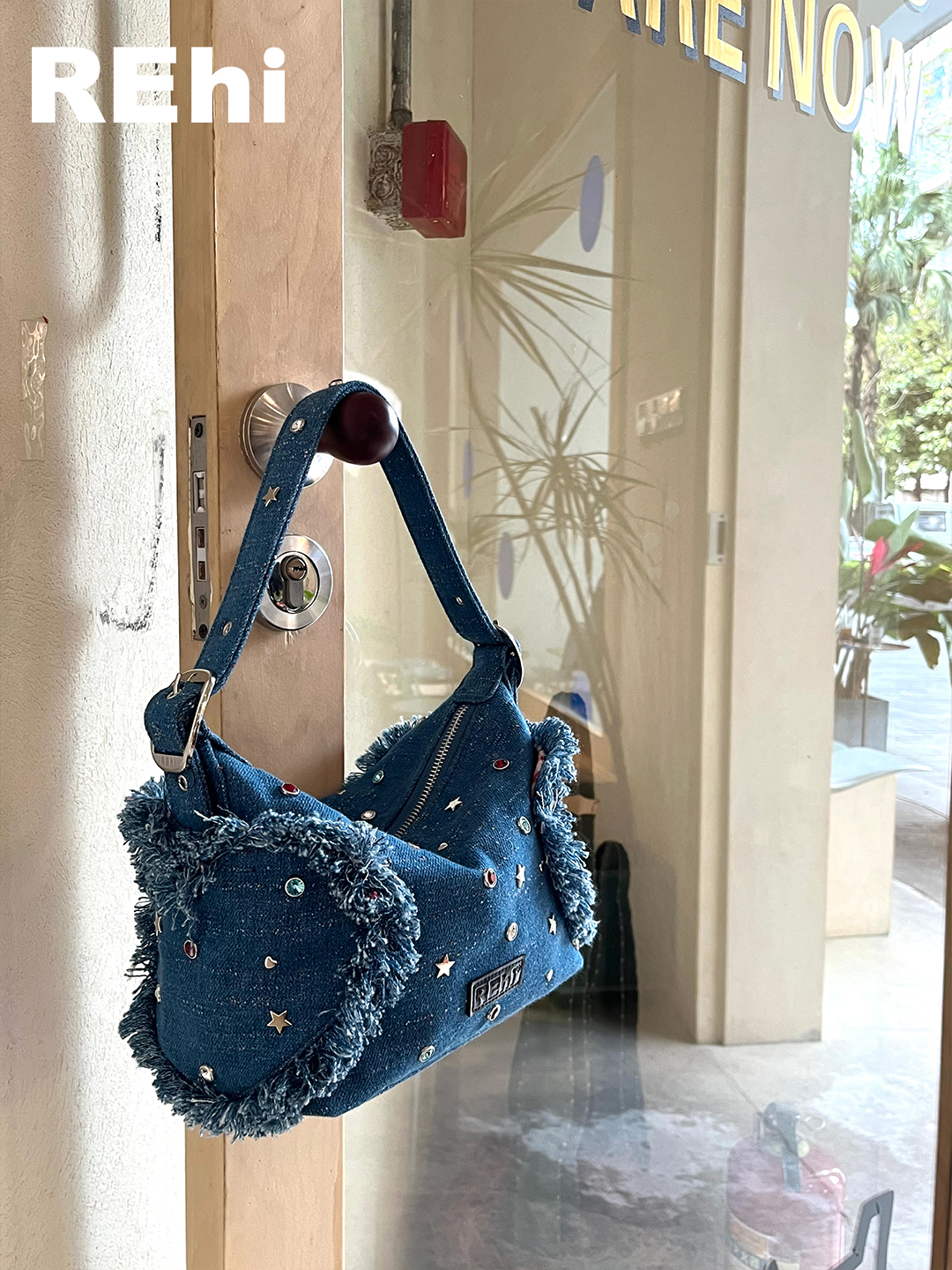 rehi 爱心便当包可爱流苏闪钻腋下包牛仔y2k包包