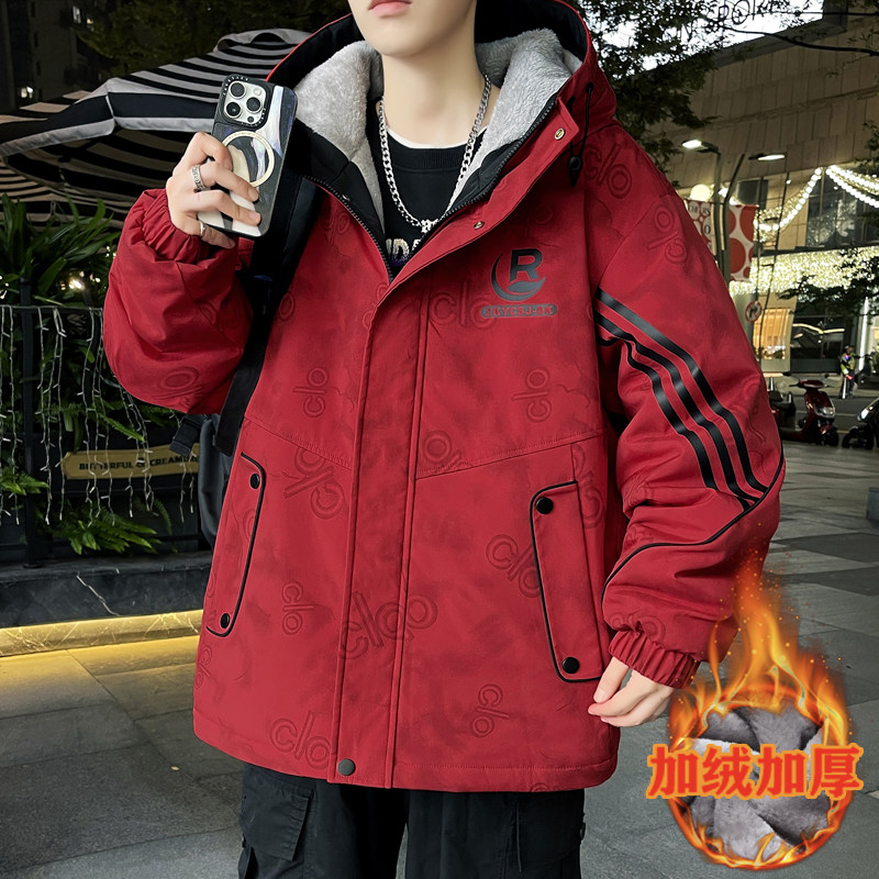 冬季加棉外套男加绒加厚新款连帽夹克宽松高级感学生保暖防寒衣服