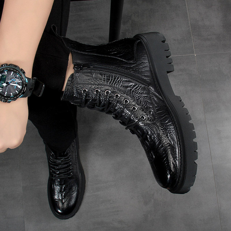 冬季高帮潮靴子2025新款金属扣马丁靴休闲皮靴男厚底鳄鱼纹真皮鞋