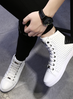 2023春季带刺柳丁鞋拼色铆钉鞋男潮高帮鞋韩版英伦个性潮流系带
