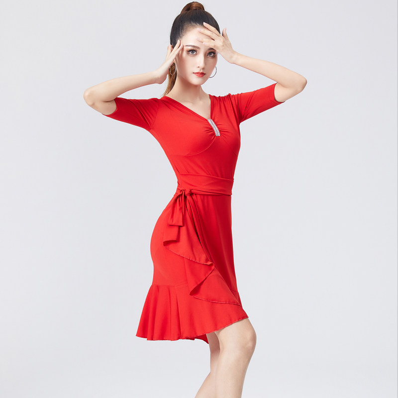 拉丁舞服装2026秋季新款短袖连衣裙女成人摩登交谊广场练功跳舞服