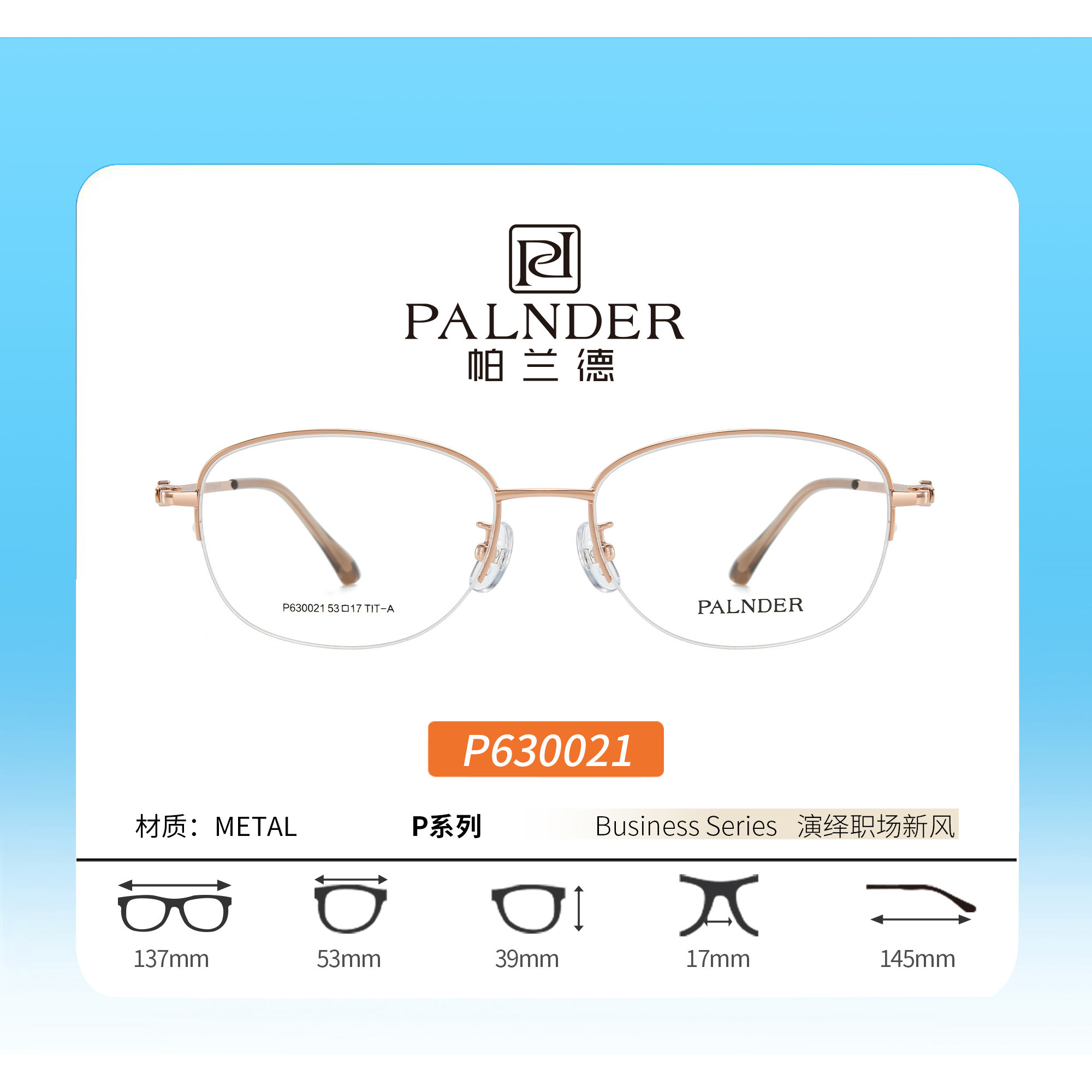 PALNDER帕兰德P系列P630021时尚休闲镜架半框53尺寸近视可配镜