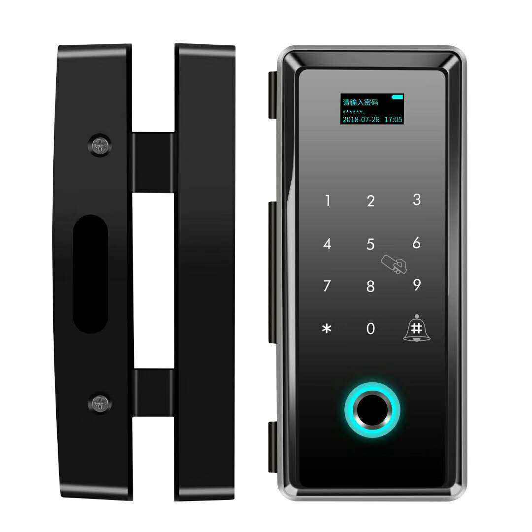 新款玻璃门指纹密码锁智能门锁U型免开孔单双门办公室玻璃指纹锁
