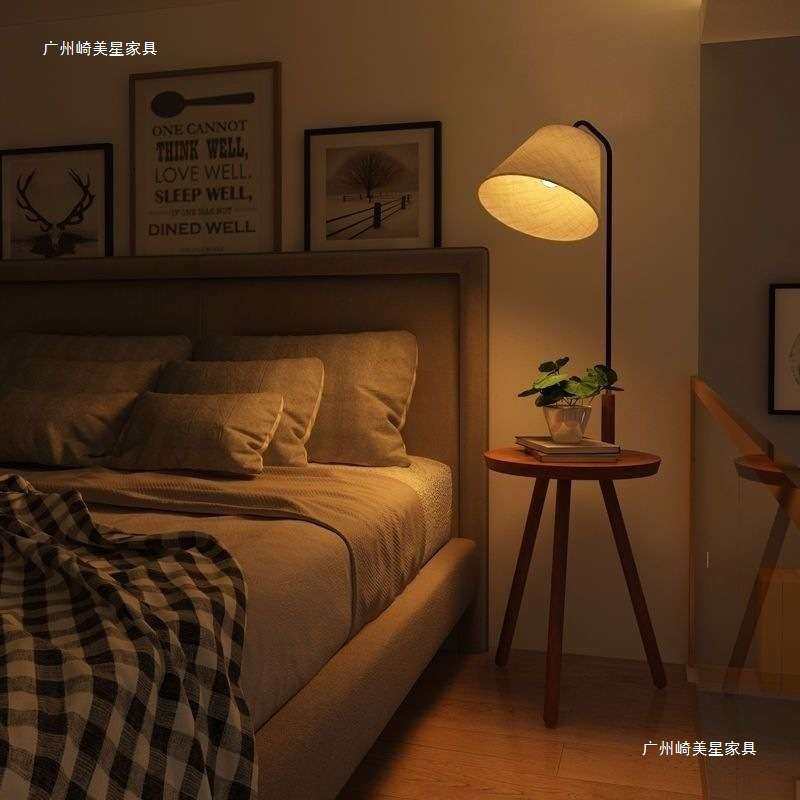 实木落地灯客厅沙发旁边茶几简约卧室床头柜置物一体网红立式台灯