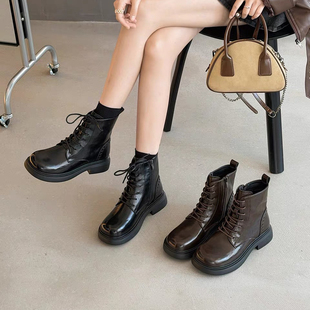 2025秋冬真皮加绒机车靴女系带侧拉链马丁靴显瘦厚底短靴