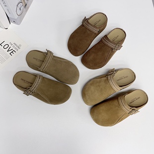 包头半拖鞋 秋冬厚底内增高流行爆款 女2025新款 真皮两穿勃肯鞋