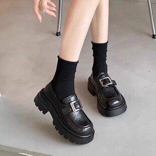 厚底粗跟真皮乐福鞋女2026春季英伦风一字扣一脚蹬小皮鞋单鞋女
