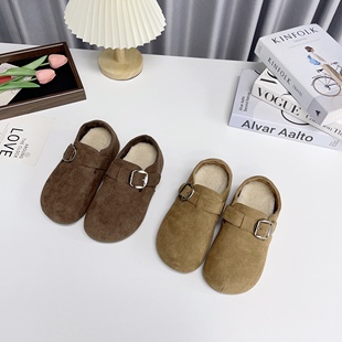 女一脚蹬懒人休闲鞋 2025新款 秋冬加绒芒果头磨砂绒面勃肯鞋