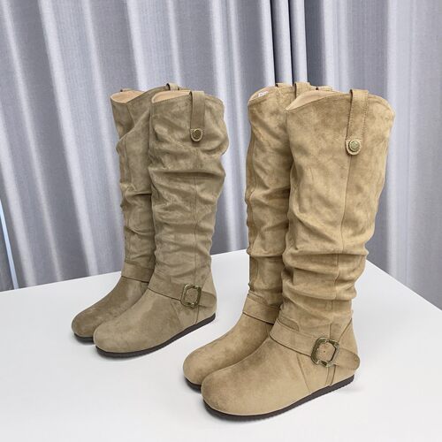 美拉德风褶皱堆堆靴女2025秋冬绒面皮带扣长筒靴百搭瘦瘦靴