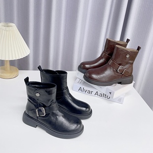 英伦风皮带扣加绒机车骑士靴女2025秋冬厚底粗跟复古百搭短靴