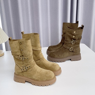 复古皮带扣骑士靴女厚底增高中筒靴百搭磨砂机车靴