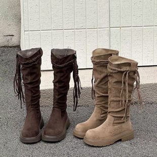 2025秋冬棕色流苏靴子复古废土不过膝骑士靴英伦学院堆堆中筒靴
