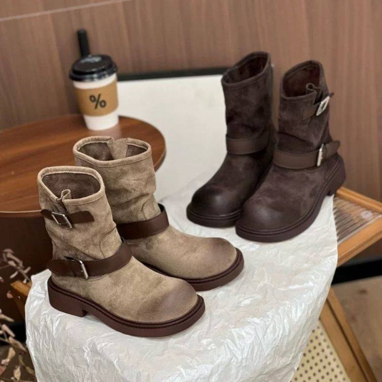 机车风！复古搭扣厚底短靴女2025新款磨砂机车靴马丁靴