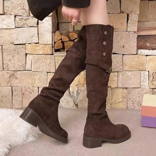 2025秋季 棕色烟筒靴 加绒皮带扣过膝靴女粗跟长靴两穿时尚