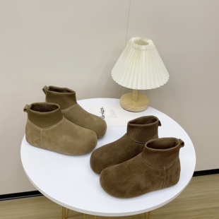 真皮!卡皮巴拉雪地靴!针织袜套女保暖加绒内增高马丁靴