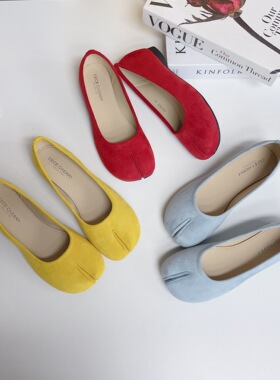 分趾猪蹄鞋红色单鞋女平底鞋复古温柔仙女风一脚蹬豆豆鞋软底瓢鞋