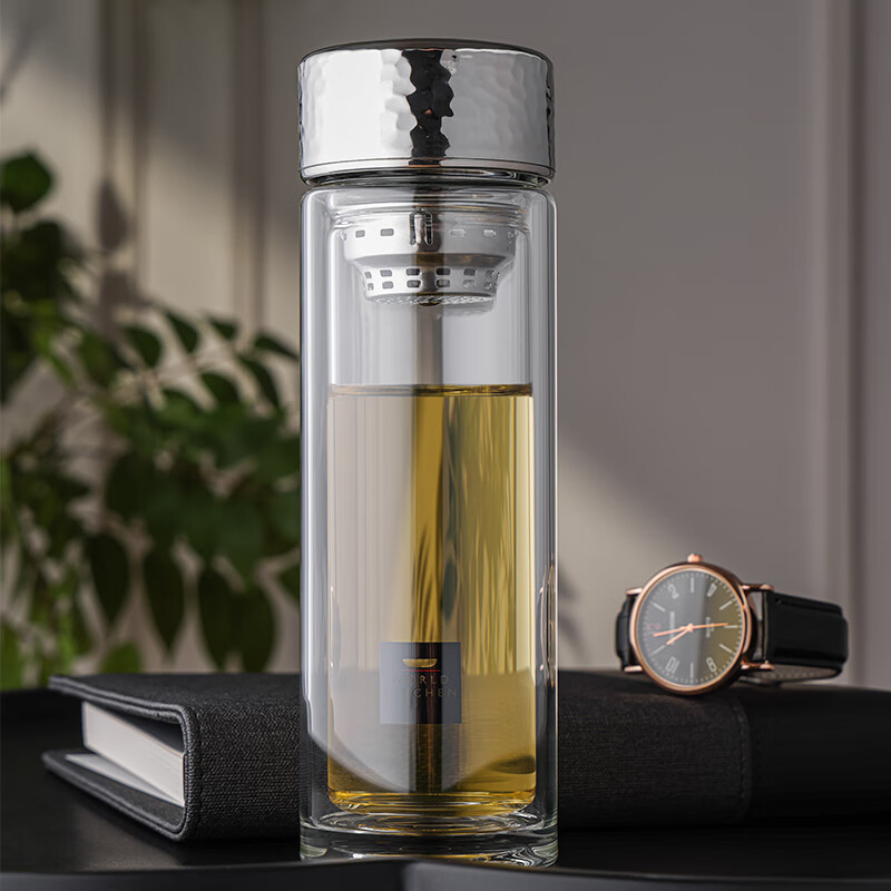 康宁WK-BH33P77C-JY/KZ锤纹盖玻璃杯双层防烫居家办公水杯随手礼