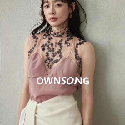 OWNSONG 重工真丝衬衫女设计感小众蕾丝钉珠拼接无袖性感短款上衣