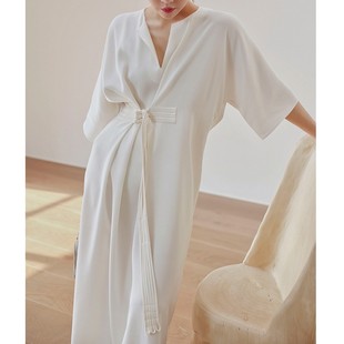 OWNSONG重磅大师之作！新中式典雅白色收腰中长款V领真丝连衣裙夏