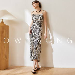 OWNSONG25姆米重磅真丝 斑马纹斜裁收腰桑蚕丝吊带黑色连衣裙长裙